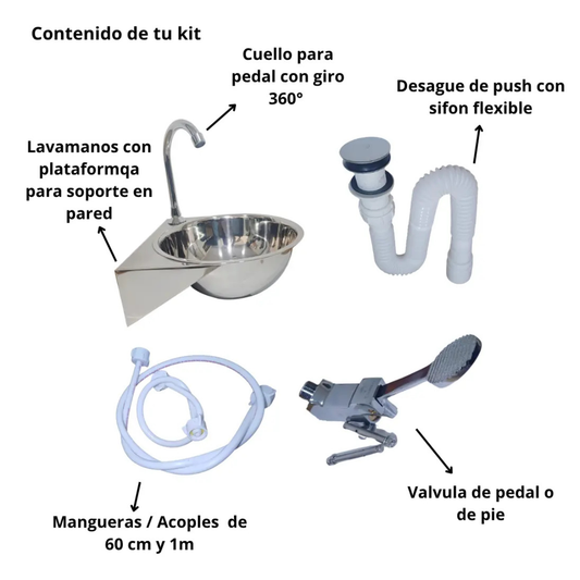Set Lavamanos Acero Inoxidable 24x26cm Kit Pedal Desagüe